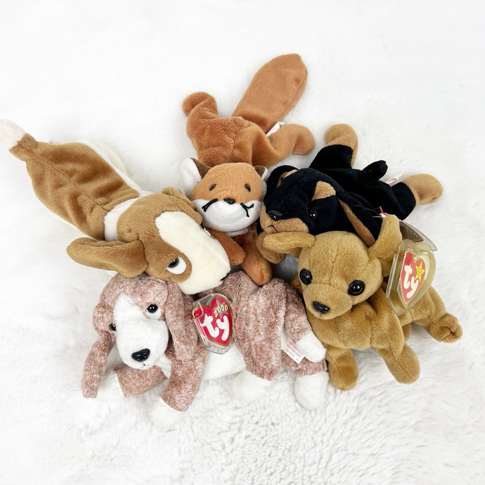 Ty Beanie Babies Lot of 5 Dogs Fox All With Tags Sniffer Tracker Doby Sly Tiny